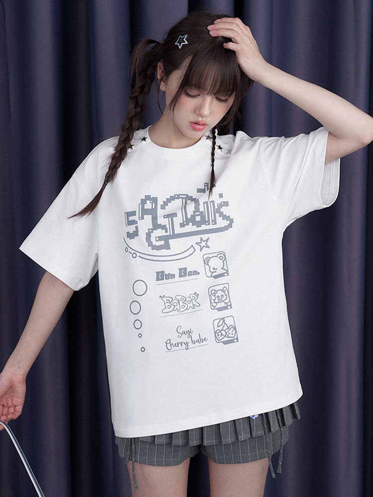 Whimsical Star Studded Pixel Graphic T-shirt