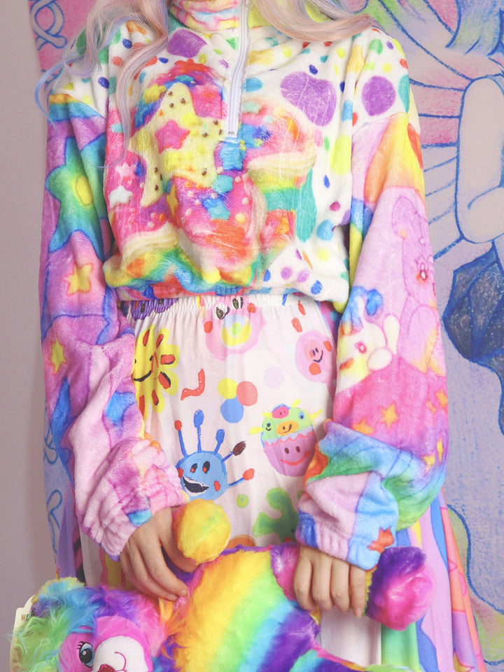 Pastel Star Print Fuzzy Half Zip Pullover