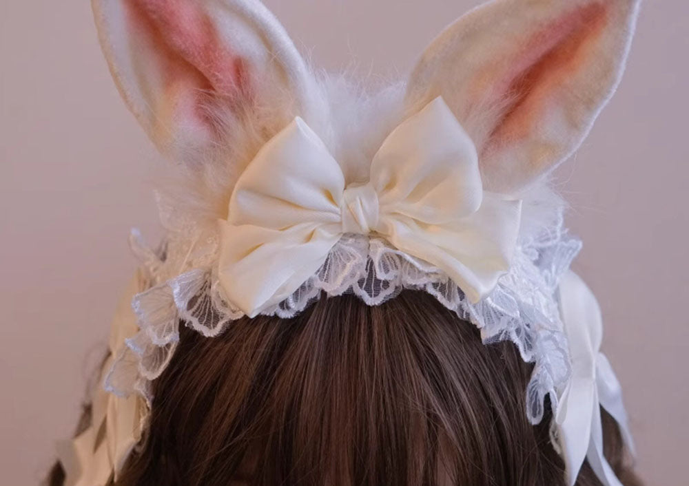 Cream Bunny Ear Lace Headband Pair