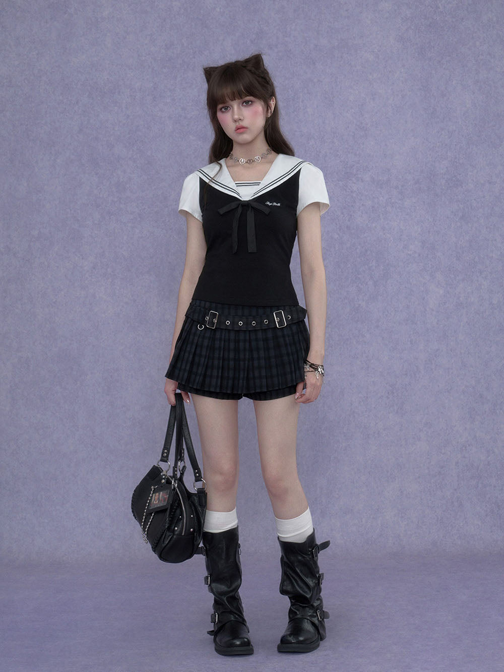 Black Plaid Double Buckle Pleated Mini Skirt