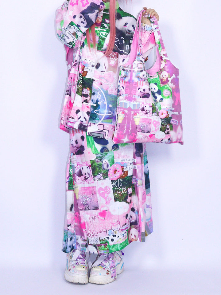 Pink Panda Collage Midi Skirt