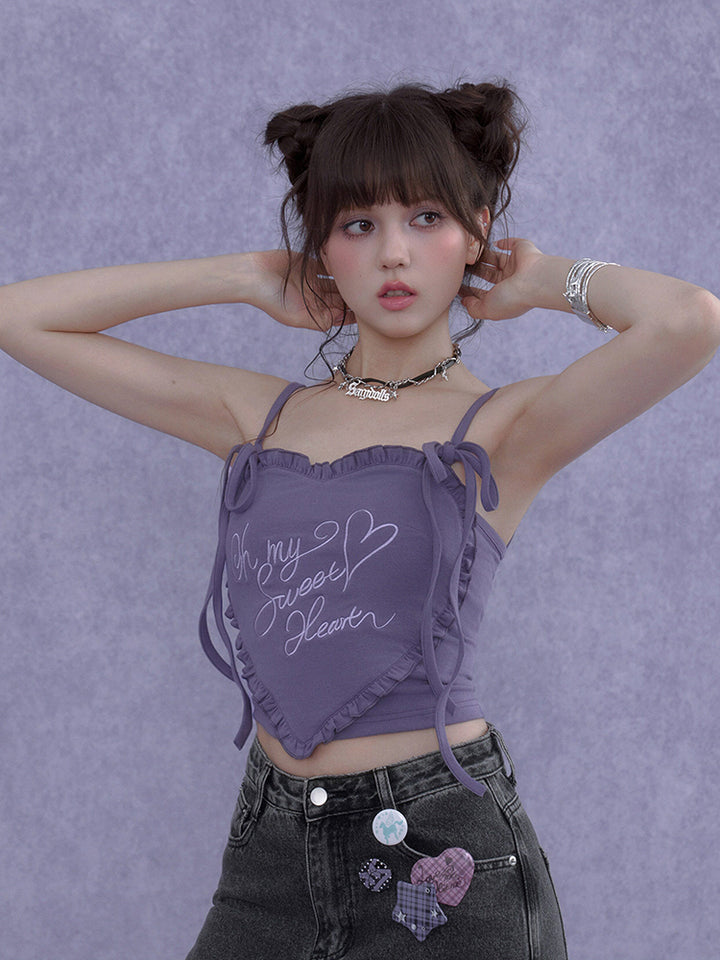 Heart Ruffle Embroidery Lace-Up Cami Top