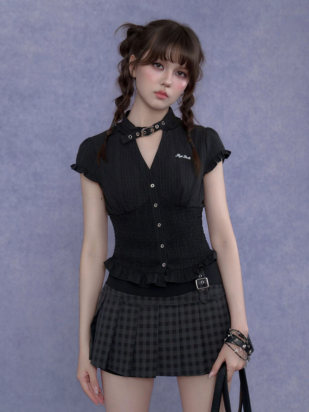 Gray Plaid Buckle Pleated Skort