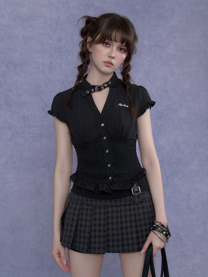 Gray Plaid Buckle Pleated Skort