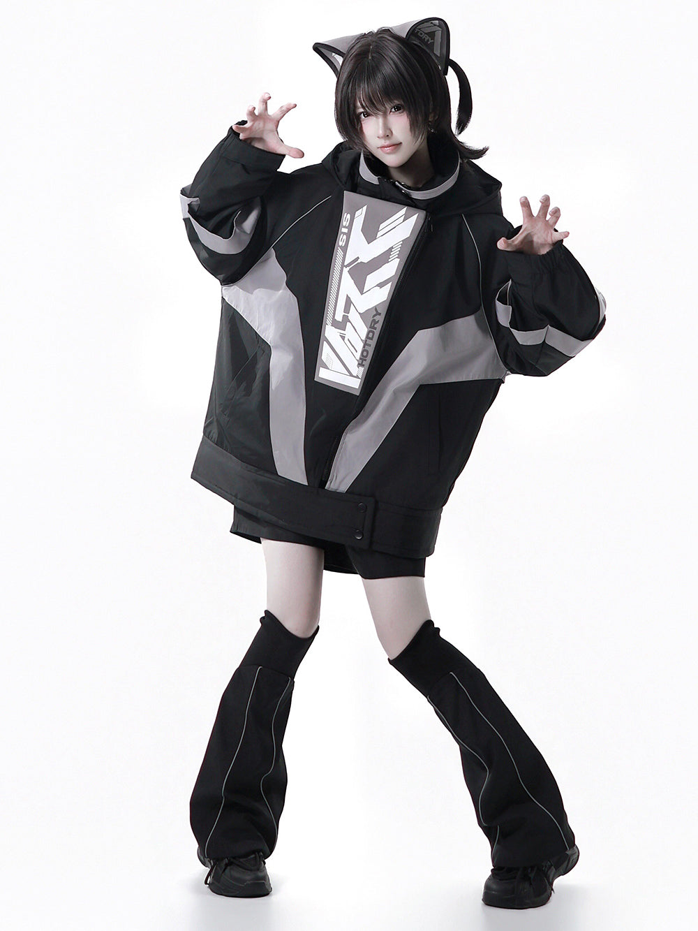 Apocalypse Techwear Cyber Y2K Cat Ear Jacket Shorts Leg Warmers Headband