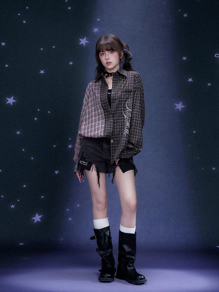 Colorblock Plaid Long Sleeve Shirt