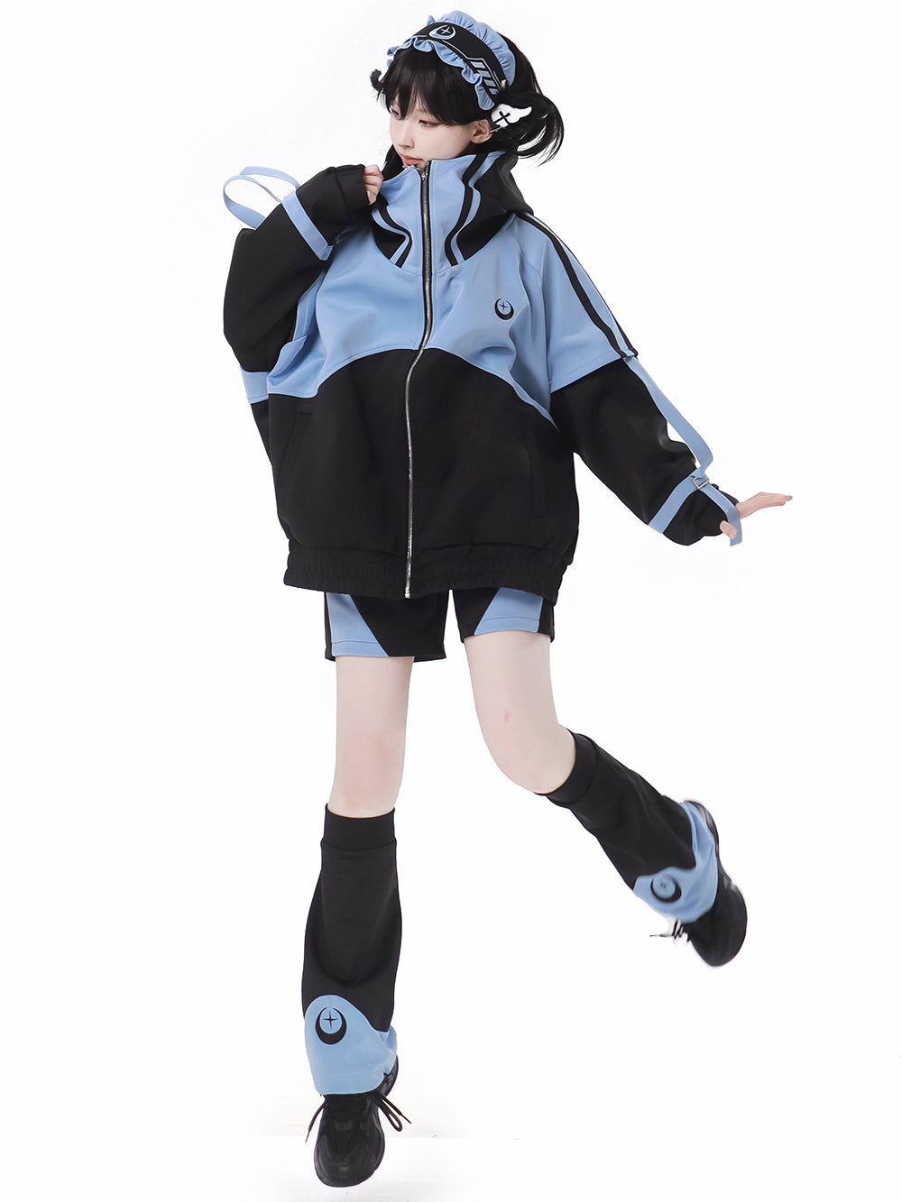 Cyber Y2K Color Block Jacket Shorts Pants Leg Warmers Headband
