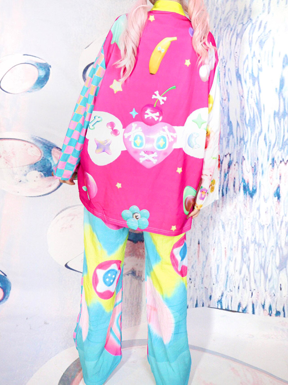 Pink Checkerboard Graphic Mandarin Collar Jacket