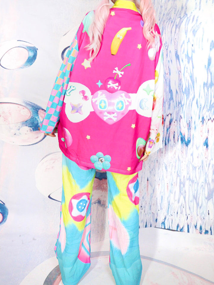 Pink Checkerboard Graphic Mandarin Collar Jacket