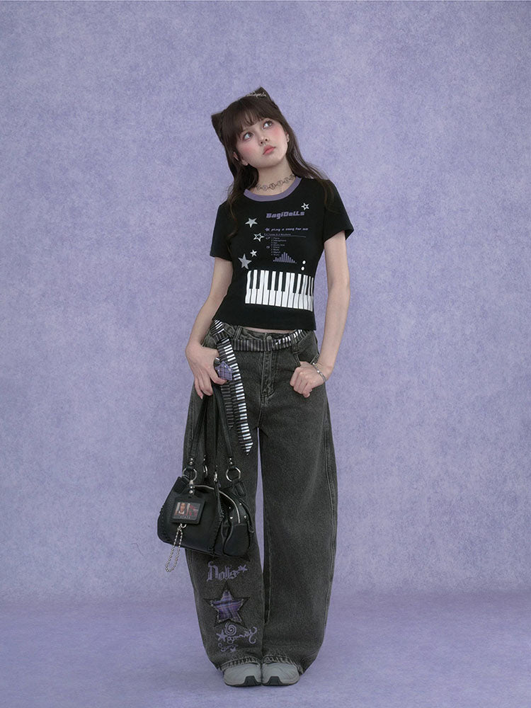 Y2K Piano Star Graphic Baby T-shirt
