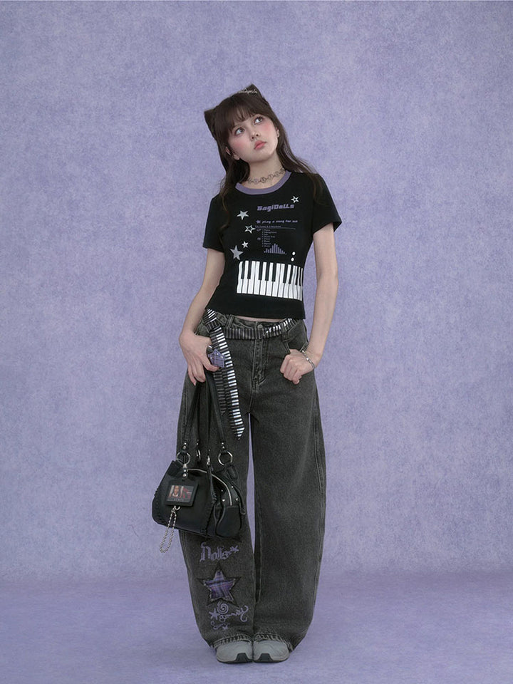 Y2K Piano Star Graphic Baby T-shirt
