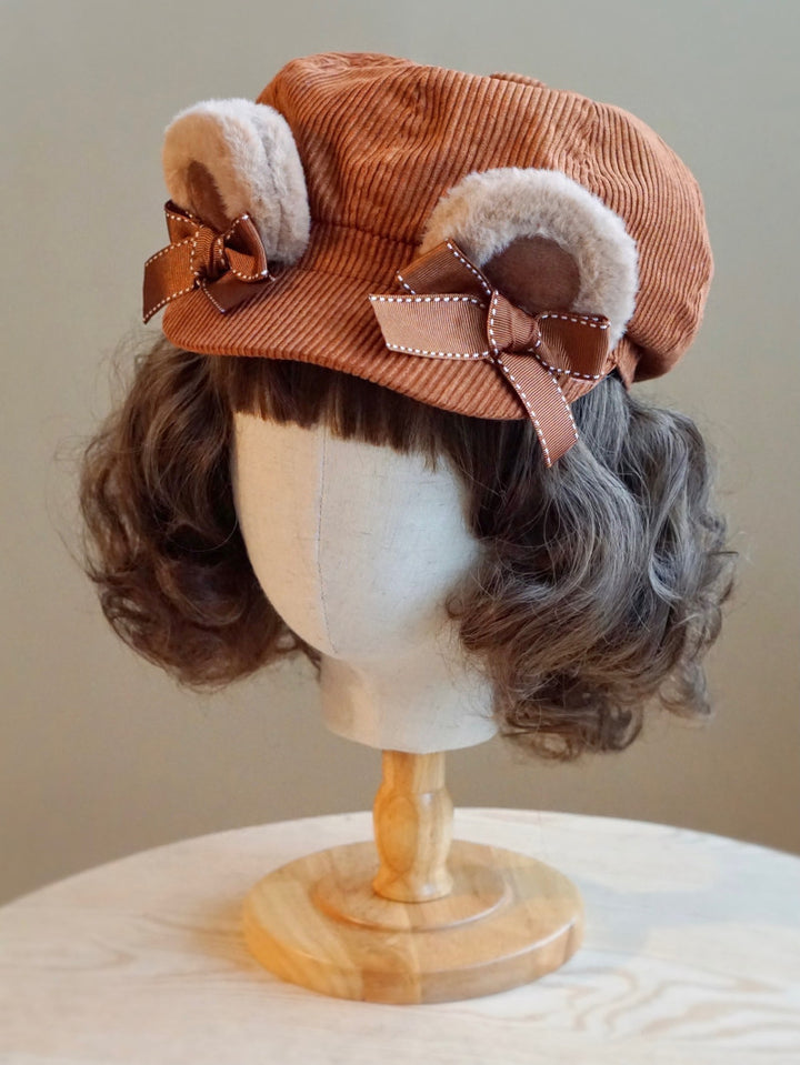 Velvet Bear Ear Corduroy Newsboy Cap with Bow