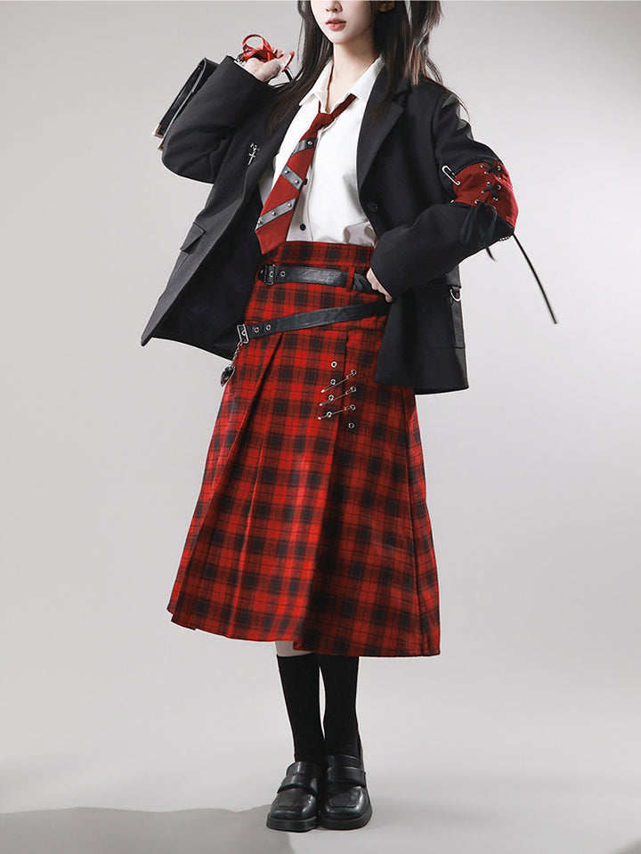 Gothic Red Plaid Double Belt Skirt