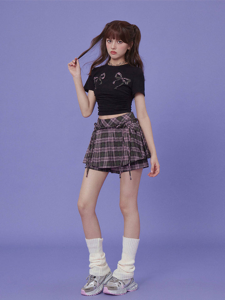 Pink Green Plaid Layered Mini Skirt