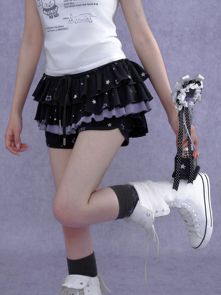 Black Cat Star Layered Ruffle Skort