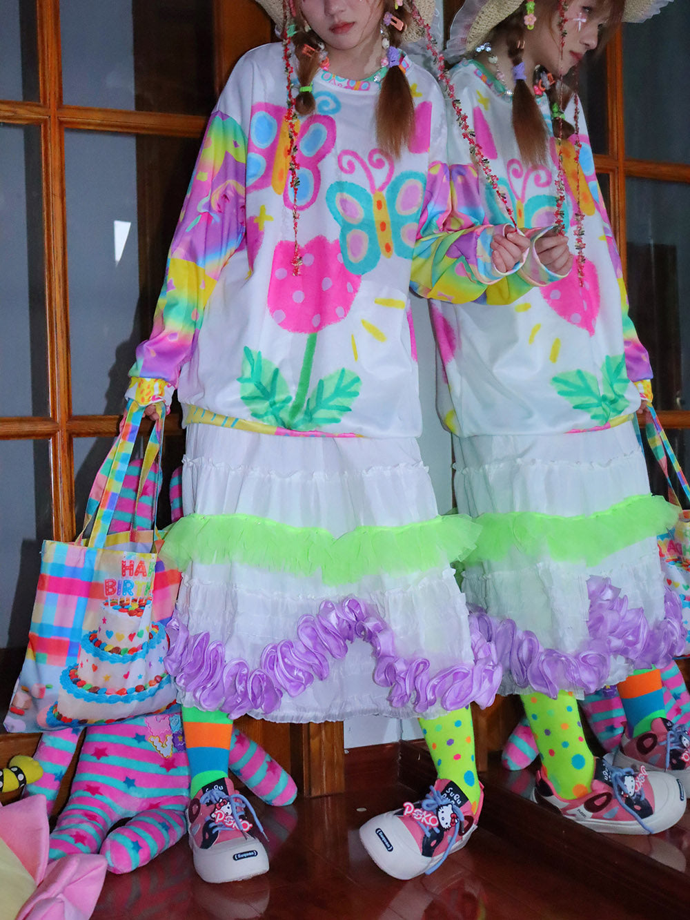 White Fairy Kei Contrast Ruffle Midi Skirt
