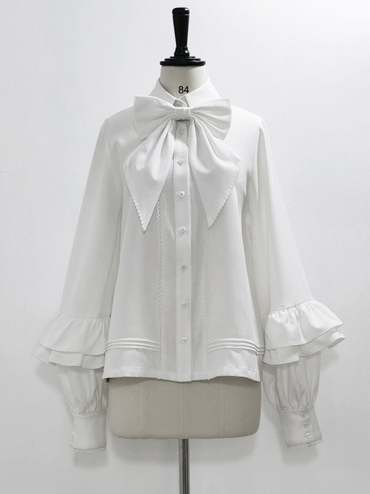 Elegant White Bow Blouse with Ruffle Sleeves