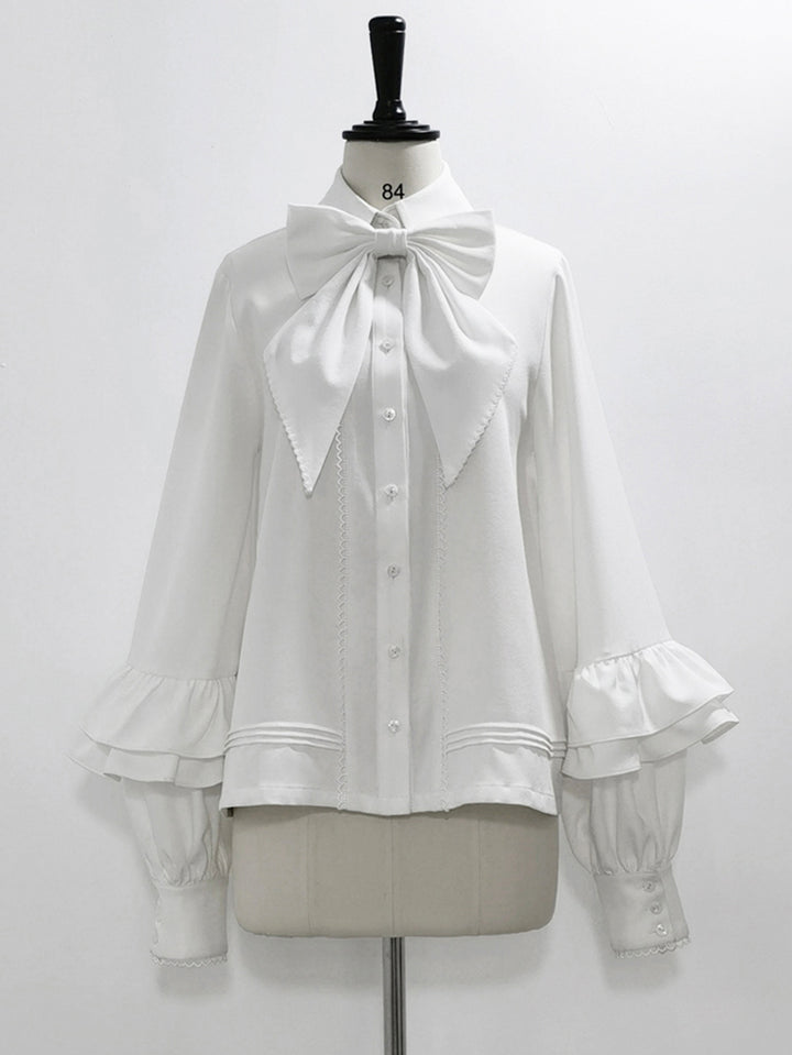 Elegant White Bow Blouse with Ruffle Sleeves