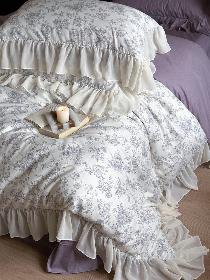 French Floral Print Lace Cotton Duvet Cover