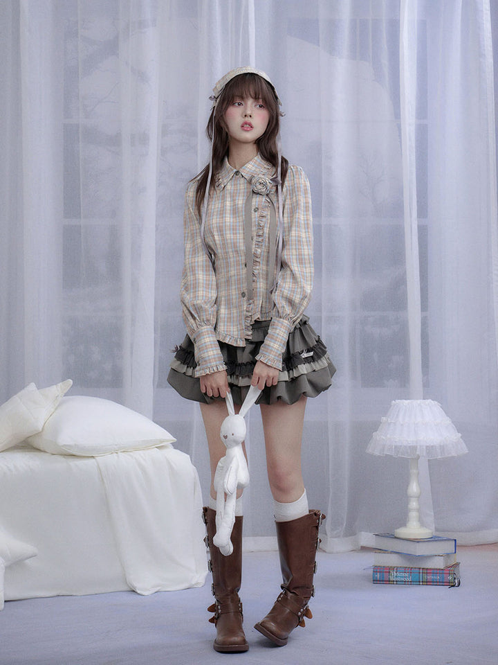 Gray Bow Ruffle Bubble Mini Skirt