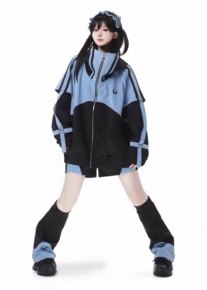 Blue and Black Jirai Kei Jacket Leg Warmers Shorts Pants Headband