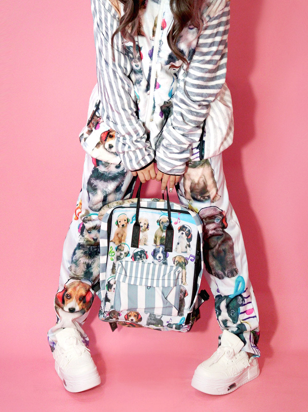 Puppy Print Striped Pocket Backpack