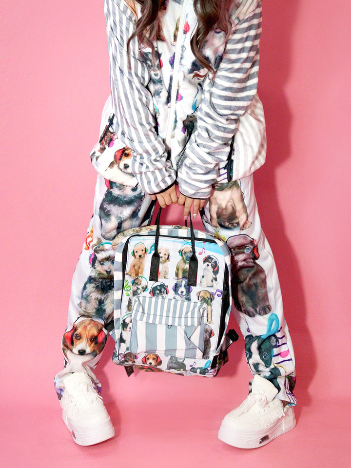 Puppy Print Striped Pocket Backpack