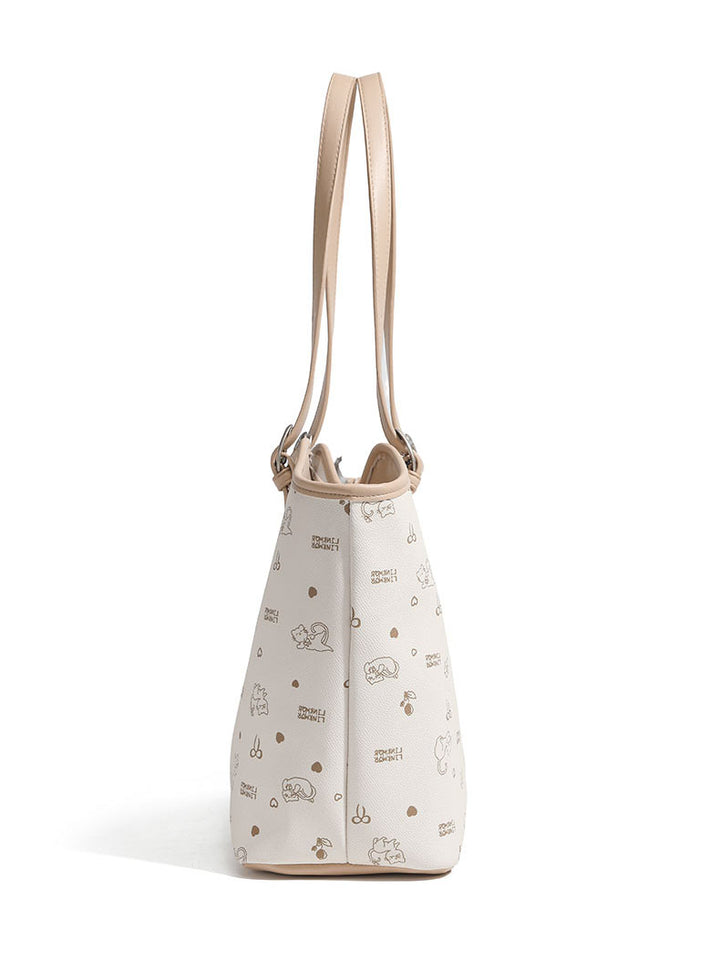 Large-capacity cat and floral print tote bag