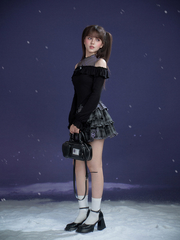 Black Purple Off-Shoulder Long Sleeve Top