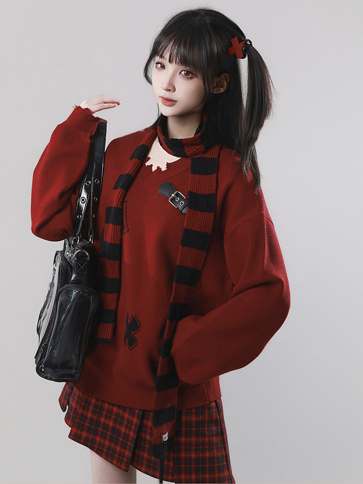 Grunge Distressed Cross Knit Sweater Set