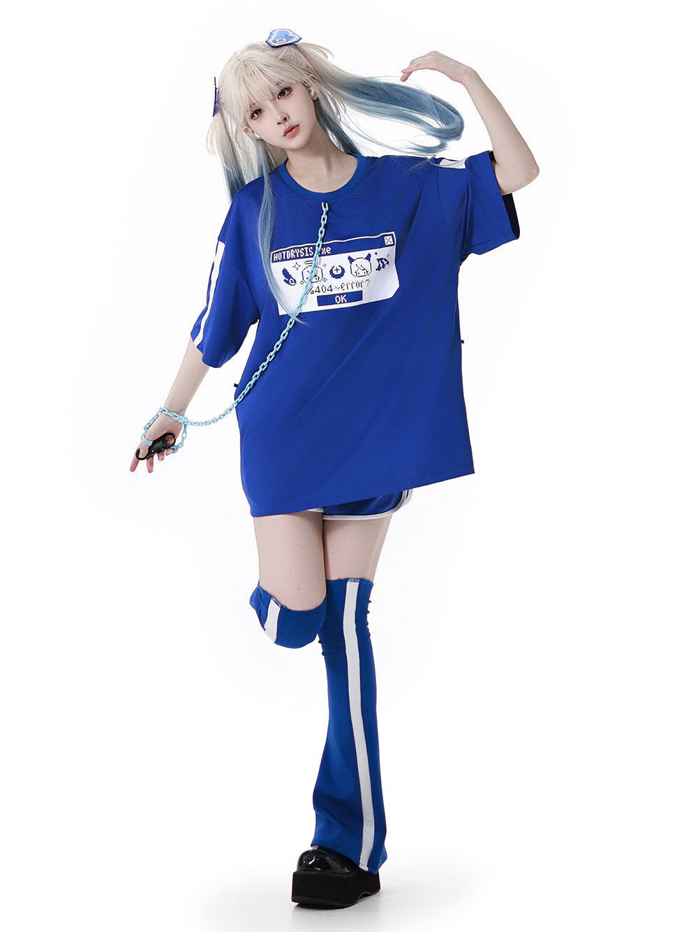 Cyber Y2K Pixel Tee Shorts Leg Warmers Hair Clip