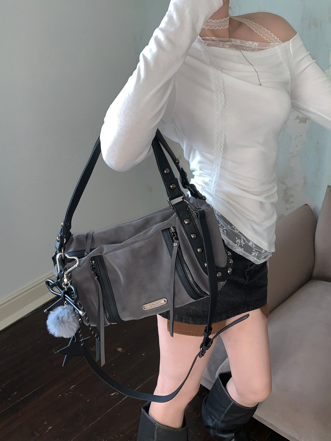 Chic Crinkled Leather Crossbody Bag with Metallic Studs