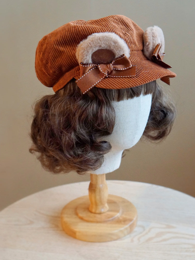 Velvet Bear Ear Corduroy Newsboy Cap with Bow