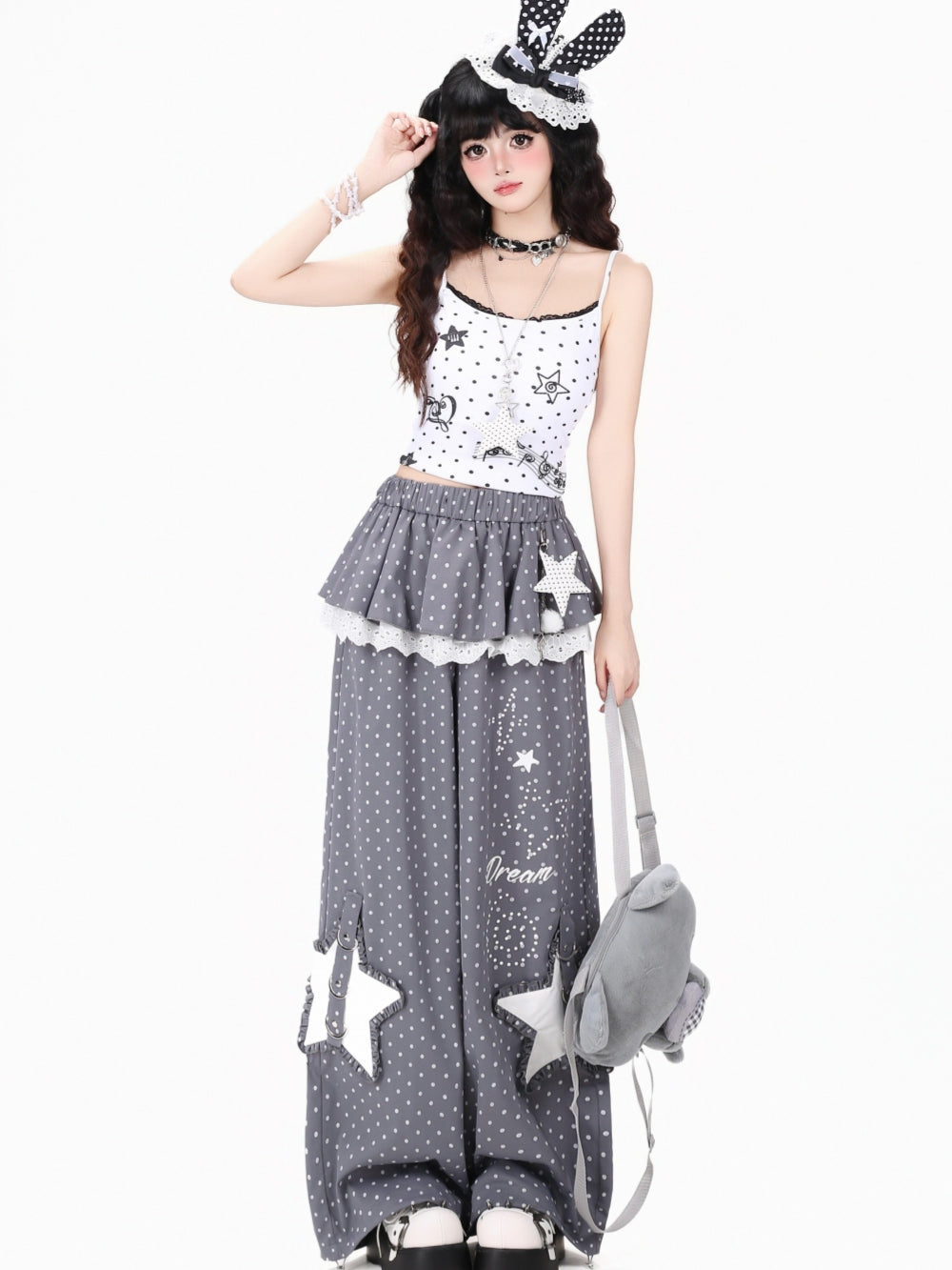 Polka Dot Star Pocket Wide Leg Pants