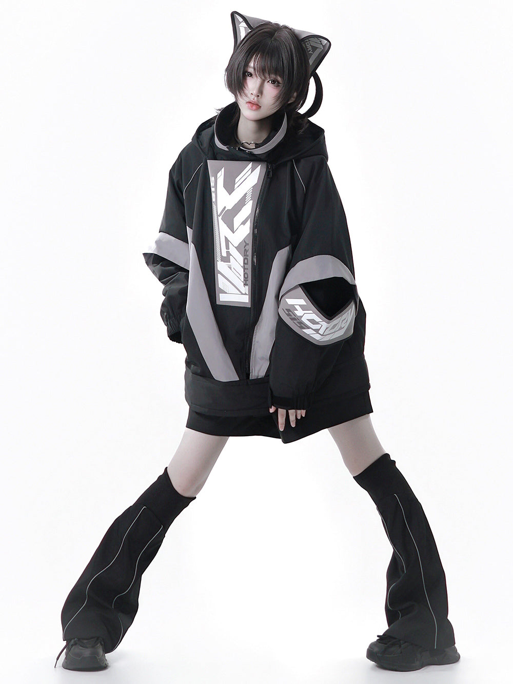 Apocalypse Techwear Cyber Y2K Cat Ear Jacket Shorts Leg Warmers Headband