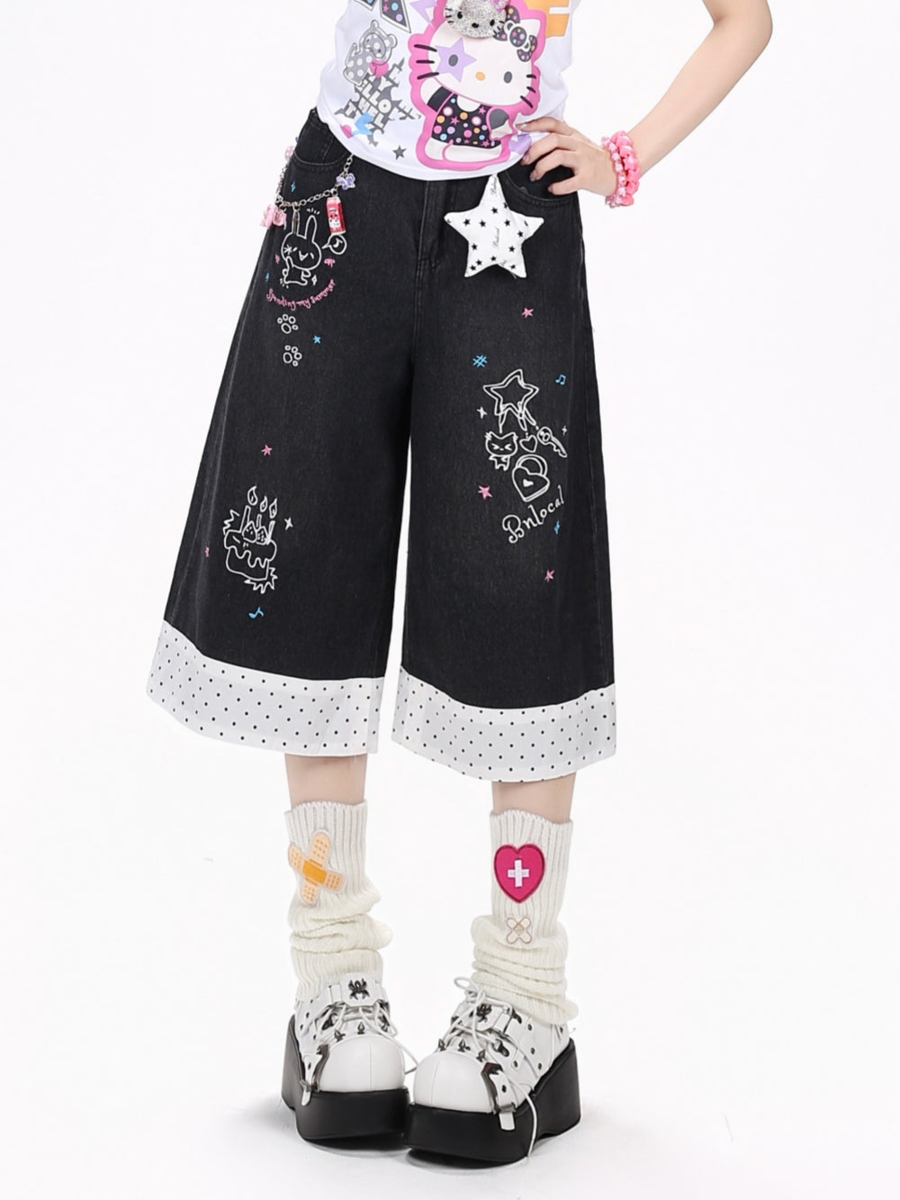 Kawaii Doodle Embroidered Cropped Wide Leg Jeans