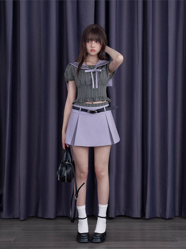 Lavender Layered Waist Belted Mini Skirt