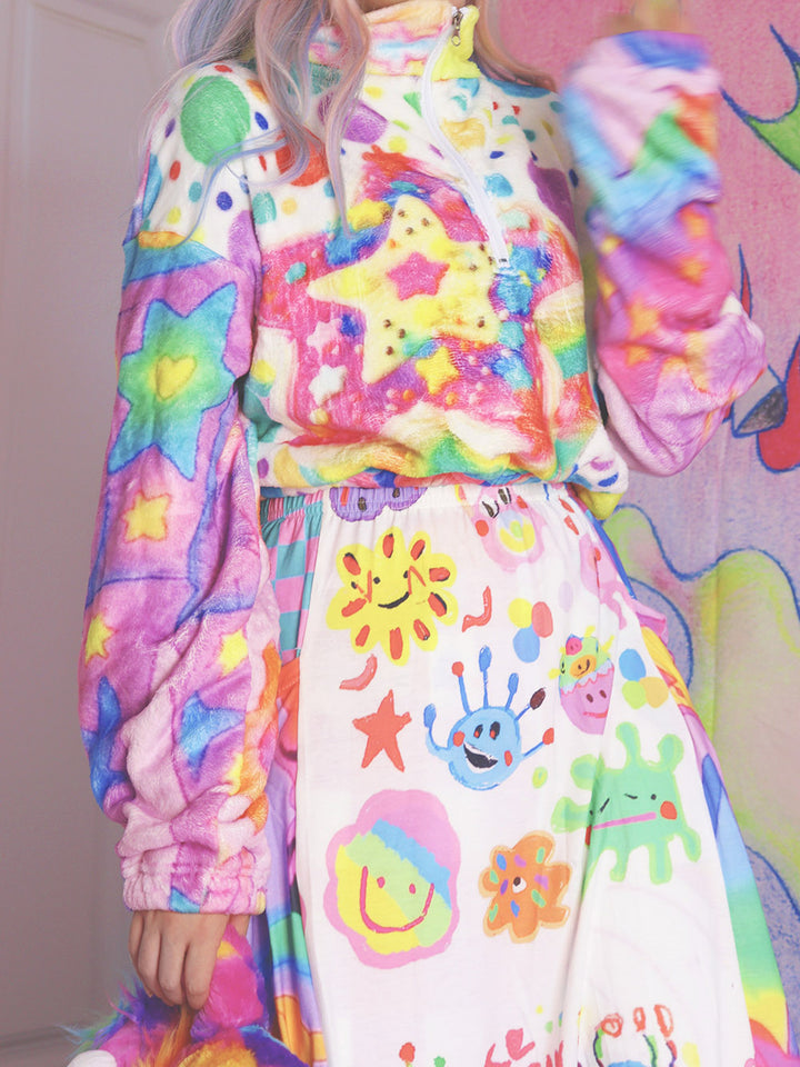 Pastel Star Print Fuzzy Half Zip Pullover
