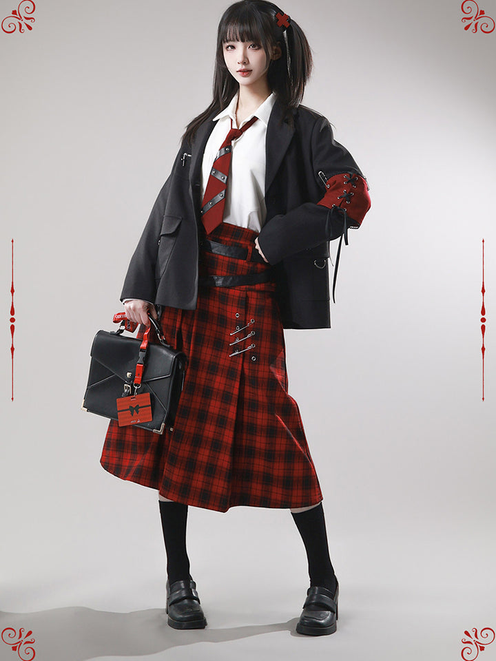Gothic Red Plaid Double Belt Skirt