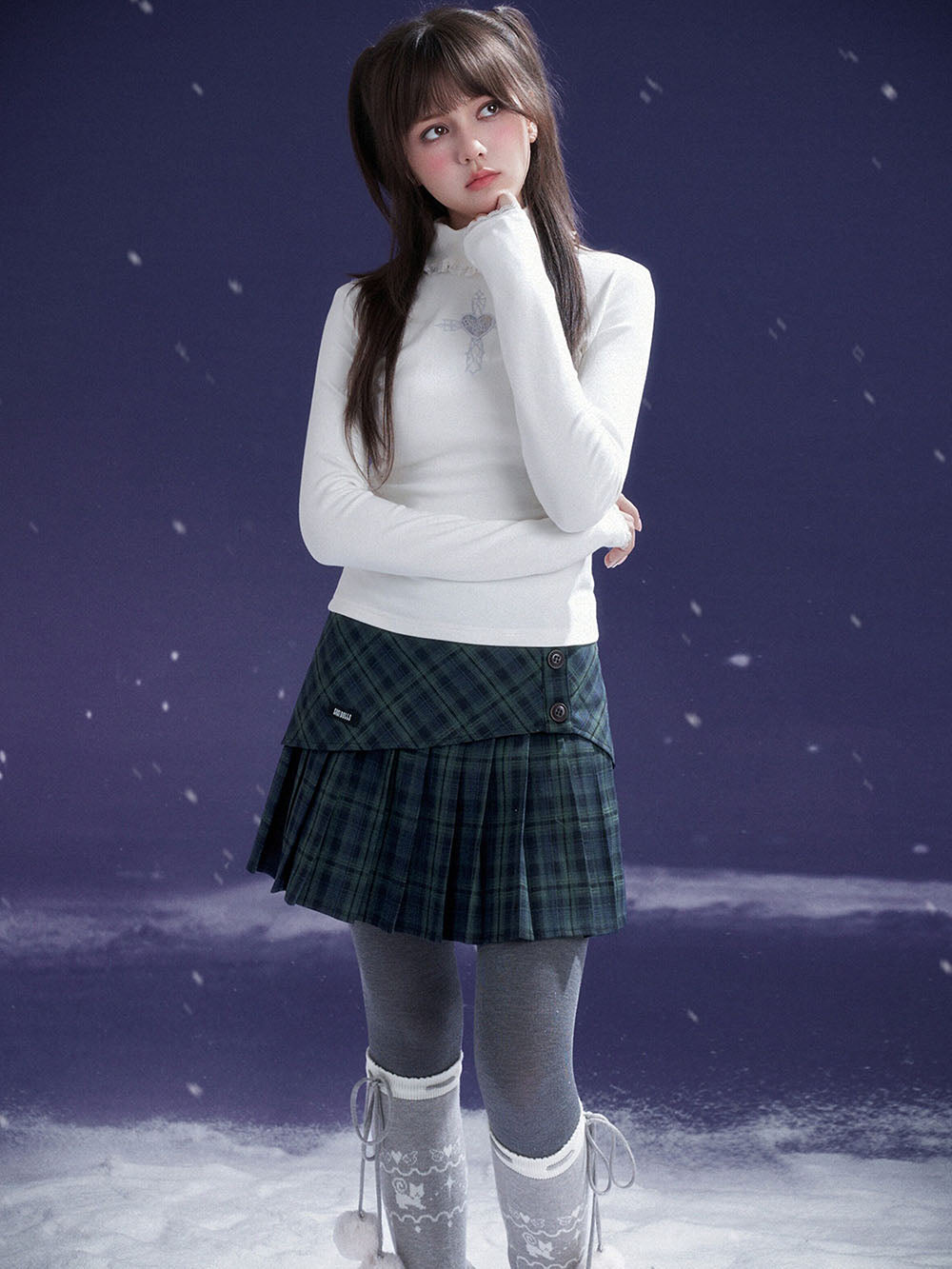 Dark Green Plaid Button Pleated Mini Skirt