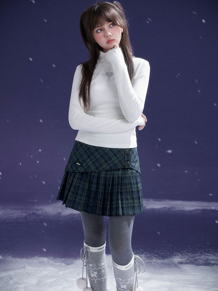 Dark Green Plaid Button Pleated Mini Skirt