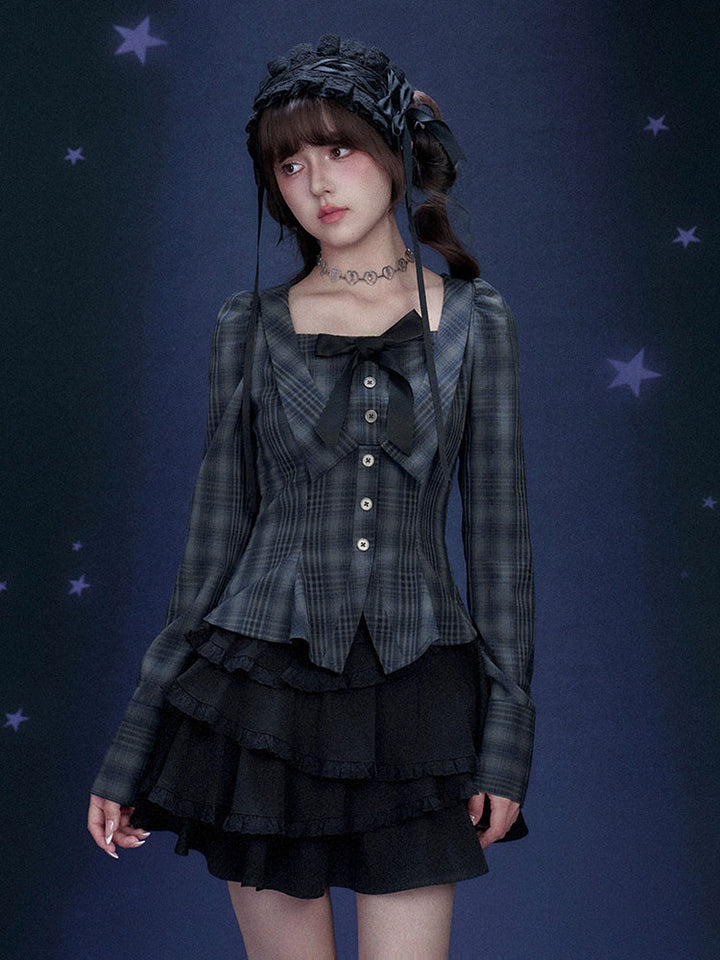 Jirai Plaid Bow Corset Long Sleeve Top