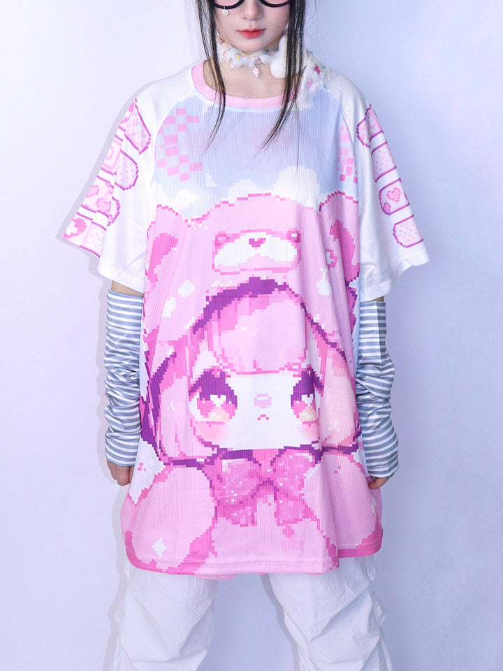 Pink Pixel Bear Girl Oversized T-Shirt