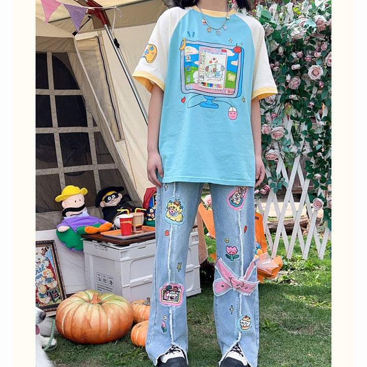 Cartoon Embroidery Flared High-waisted Jeans