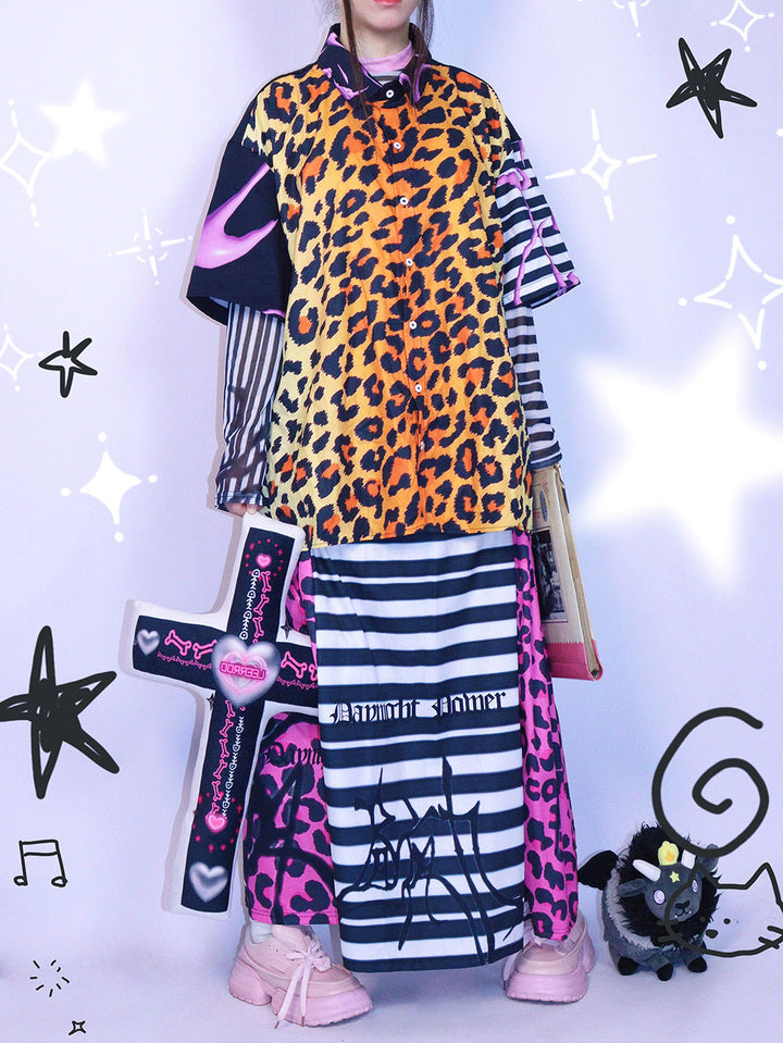 Pink Leopard Stripe Graphic Maxi Skirt