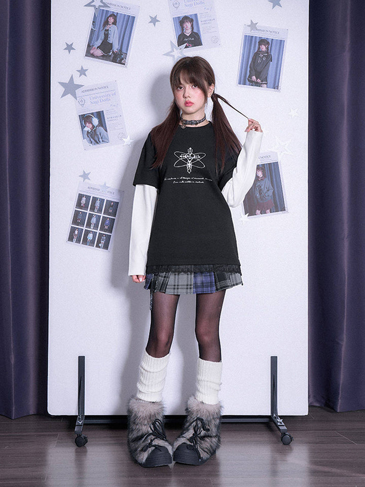 Black White Faux Two Piece Long Sleeve Casual Sweatshirt