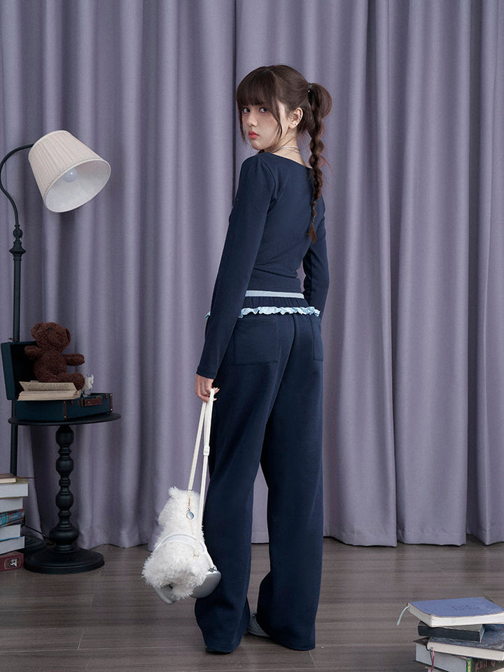 Navy Ruffle Waist Wide Leg Pants