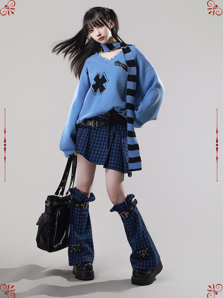 Punk Blue Plaid Belted Skirt