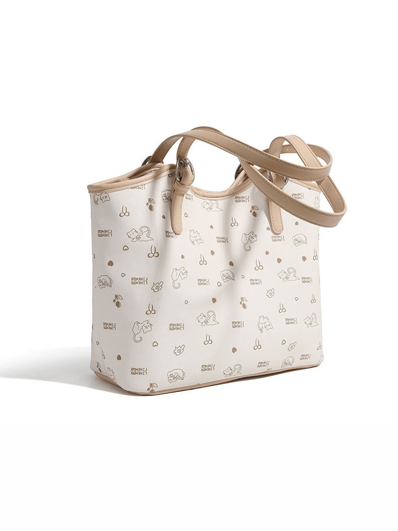 Large-capacity cat and floral print tote bag