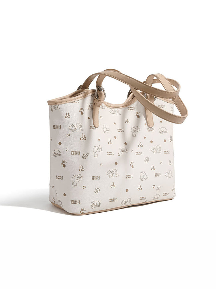 Large-capacity cat and floral print tote bag